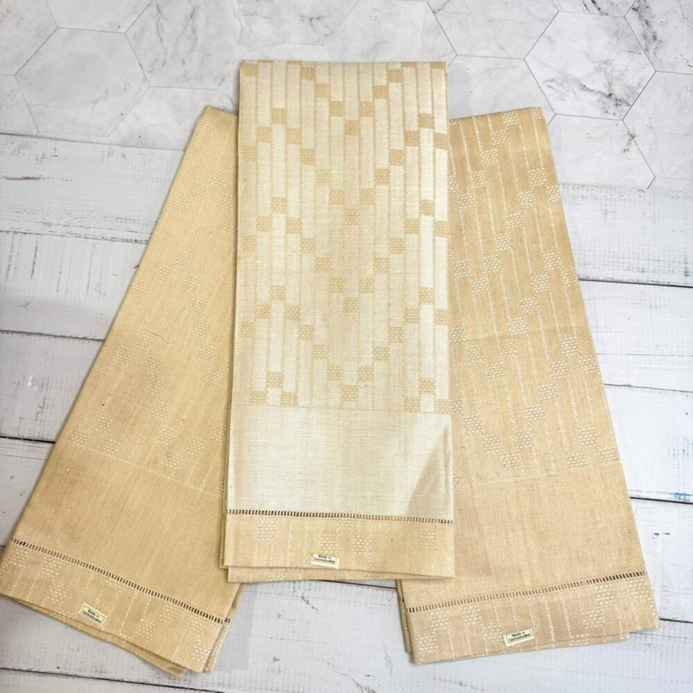 Set of 3 Vintage Czech Linen Dish Towels Beige Textured Tea Towels NEW OLD STOCK